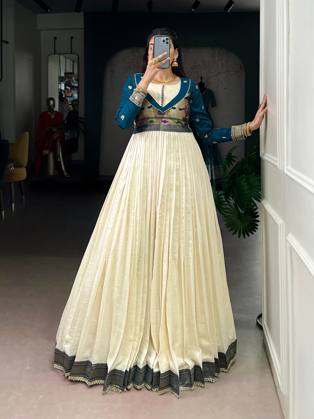 Lorenvalley Fashion Off White Vichitra Silk Zari Weaving Work With Lace Touch Up Gown | Grocsy