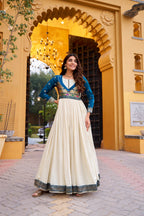 Lorenvalley Fashion Offwhite Vichitra Silk Zari Weaving Work With Lace Touch Up Long Dress | Grocsy