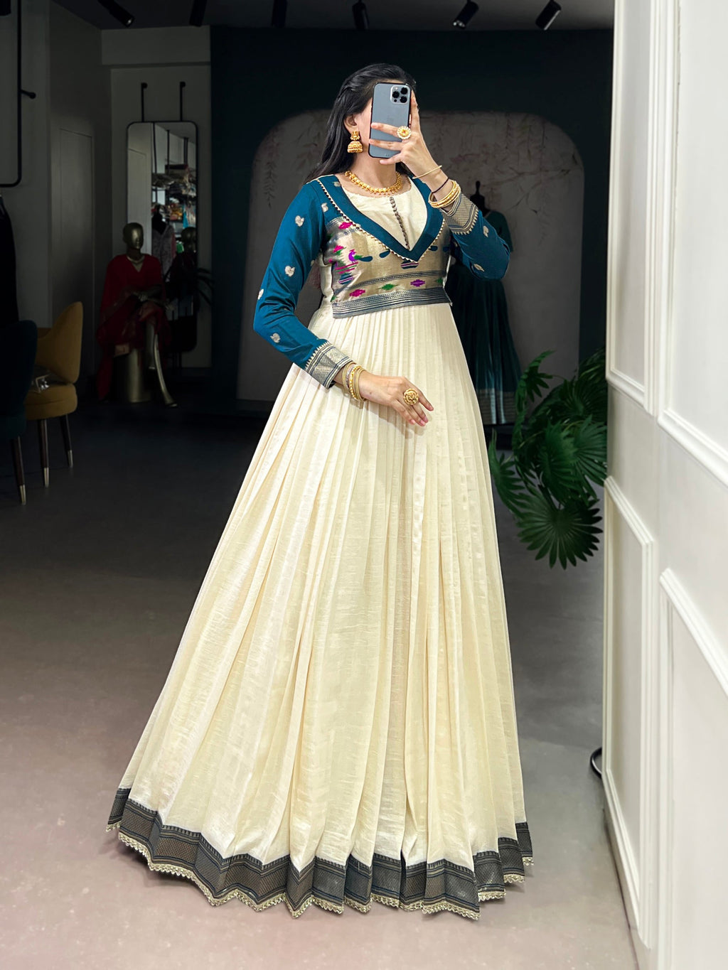 Lorenvalley Fashion Off White Vichitra Silk Zari Weaving Work With Lace Touch Up Gown | Grocsy