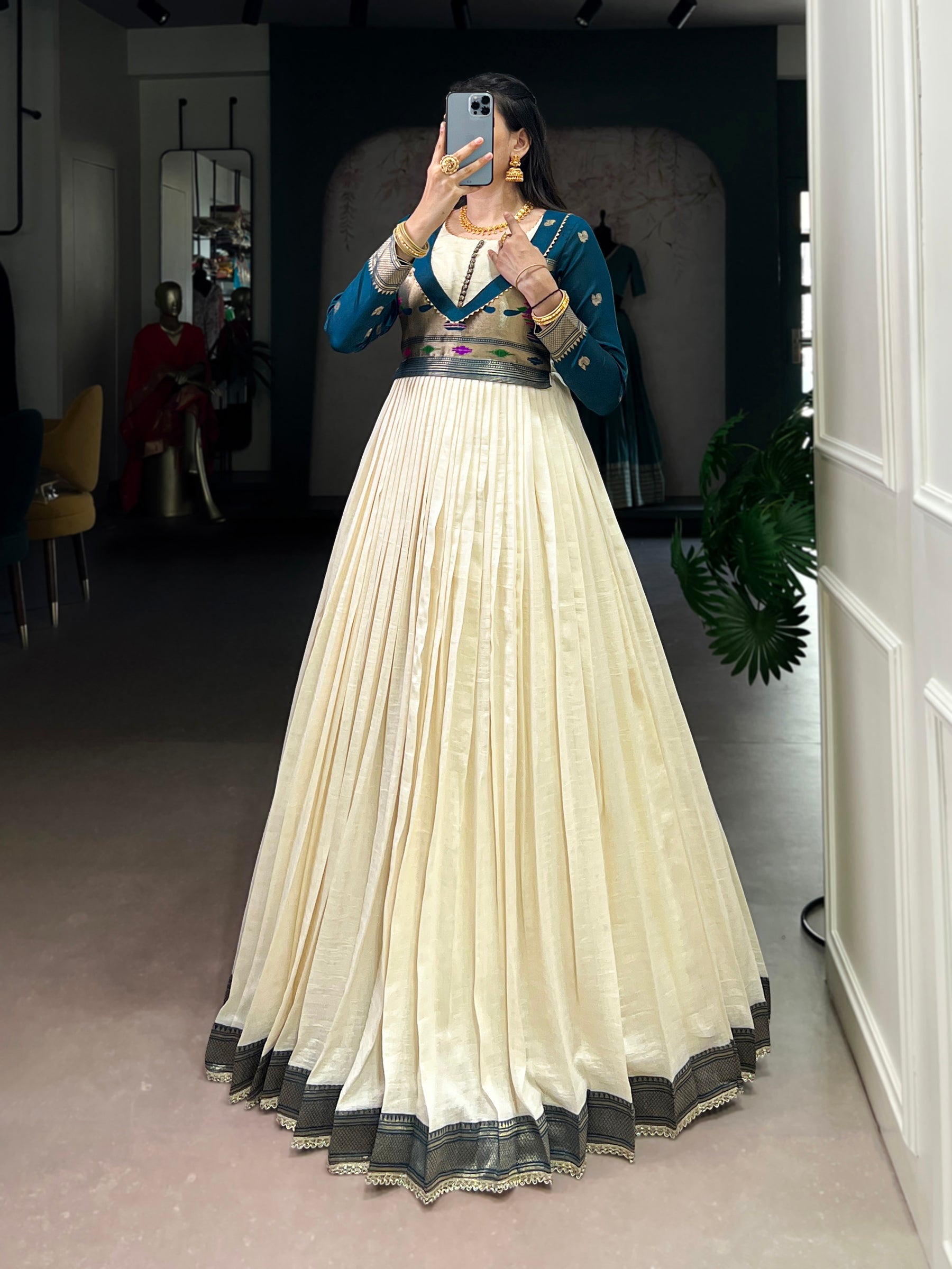 Lorenvalley Fashion Off White Vichitra Silk Zari Weaving Work With Lace Touch Up Gown | Grocsy