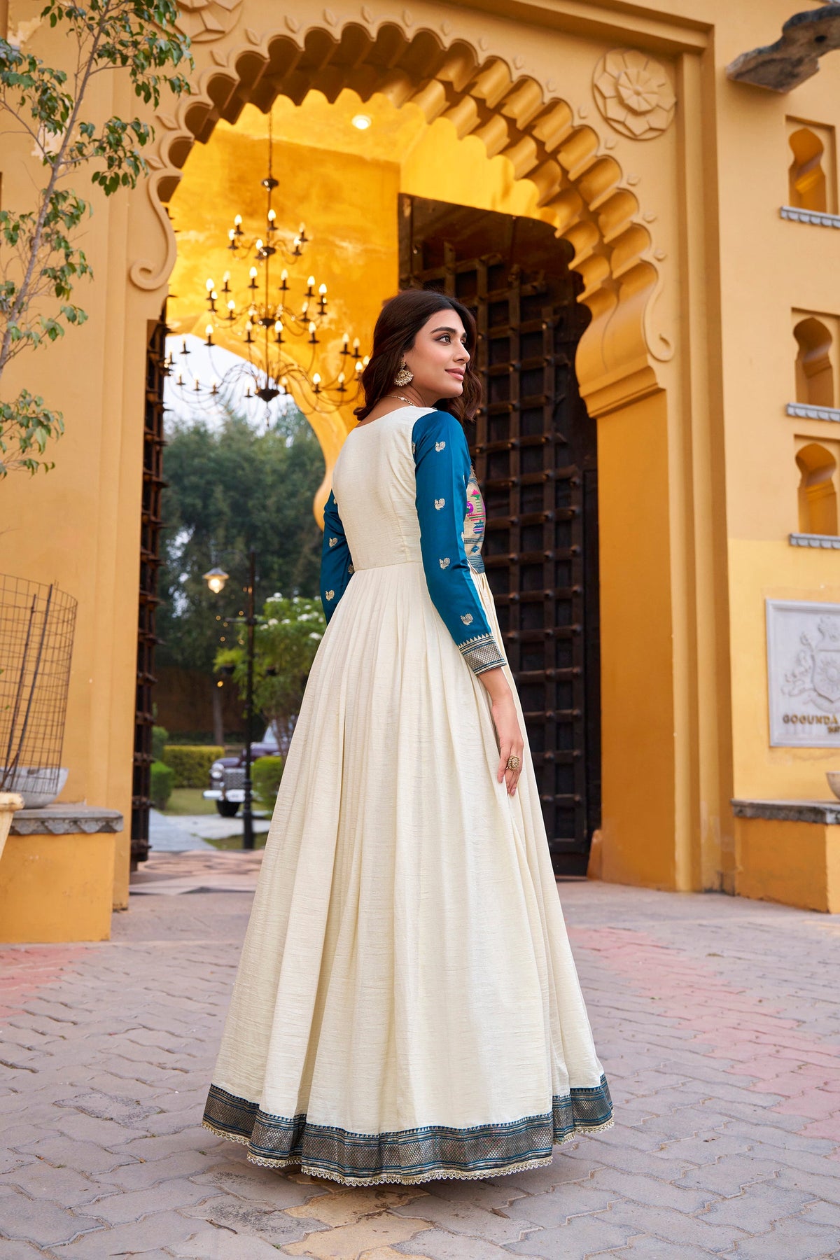 Lorenvalley Fashion Offwhite Vichitra Silk Zari Weaving Work With Lace Touch Up Long Dress | Grocsy