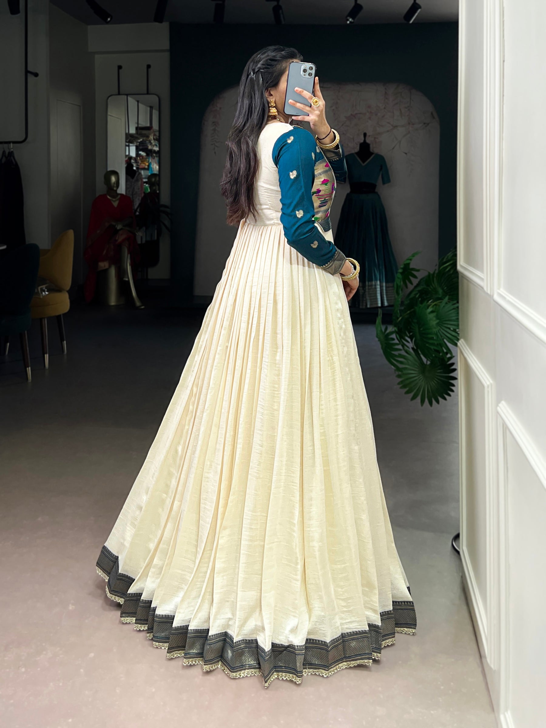 Lorenvalley Fashion Off White Vichitra Silk Zari Weaving Work With Lace Touch Up Gown | Grocsy