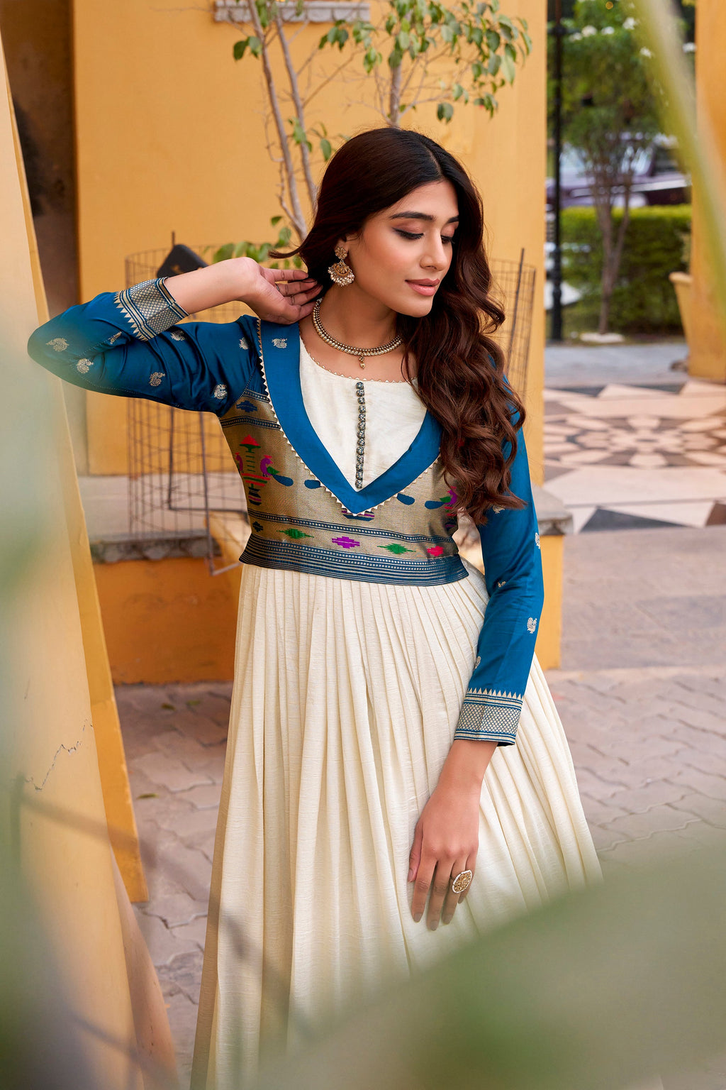 Lorenvalley Fashion Offwhite Vichitra Silk Zari Weaving Work With Lace Touch Up Long Dress | Grocsy