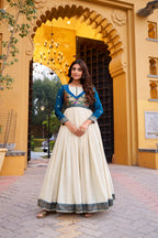 Lorenvalley Fashion Offwhite Vichitra Silk Zari Weaving Work With Lace Touch Up Long Dress | Grocsy