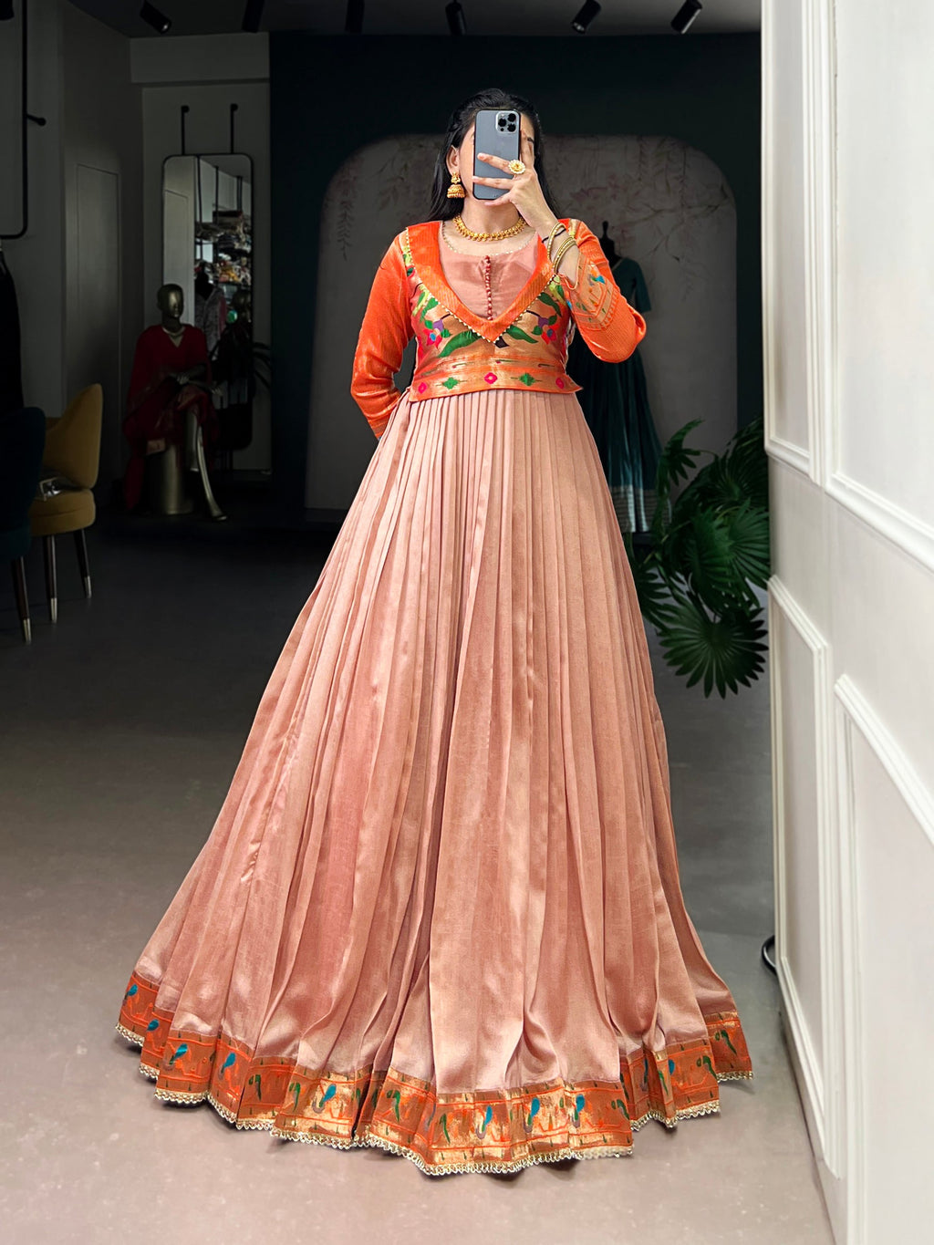 Lorenvalley Fashion Peach Vichitra Silk Zari Weaving Work With Lace Touch Up Gown | Grocsy