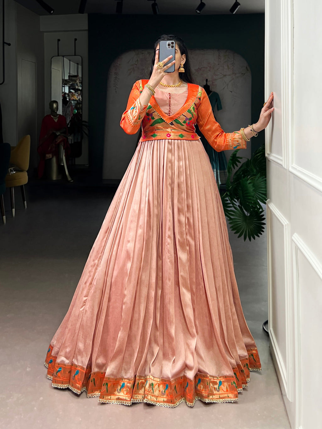 Lorenvalley Fashion Peach Vichitra Silk Zari Weaving Work With Lace Touch Up Gown | Grocsy