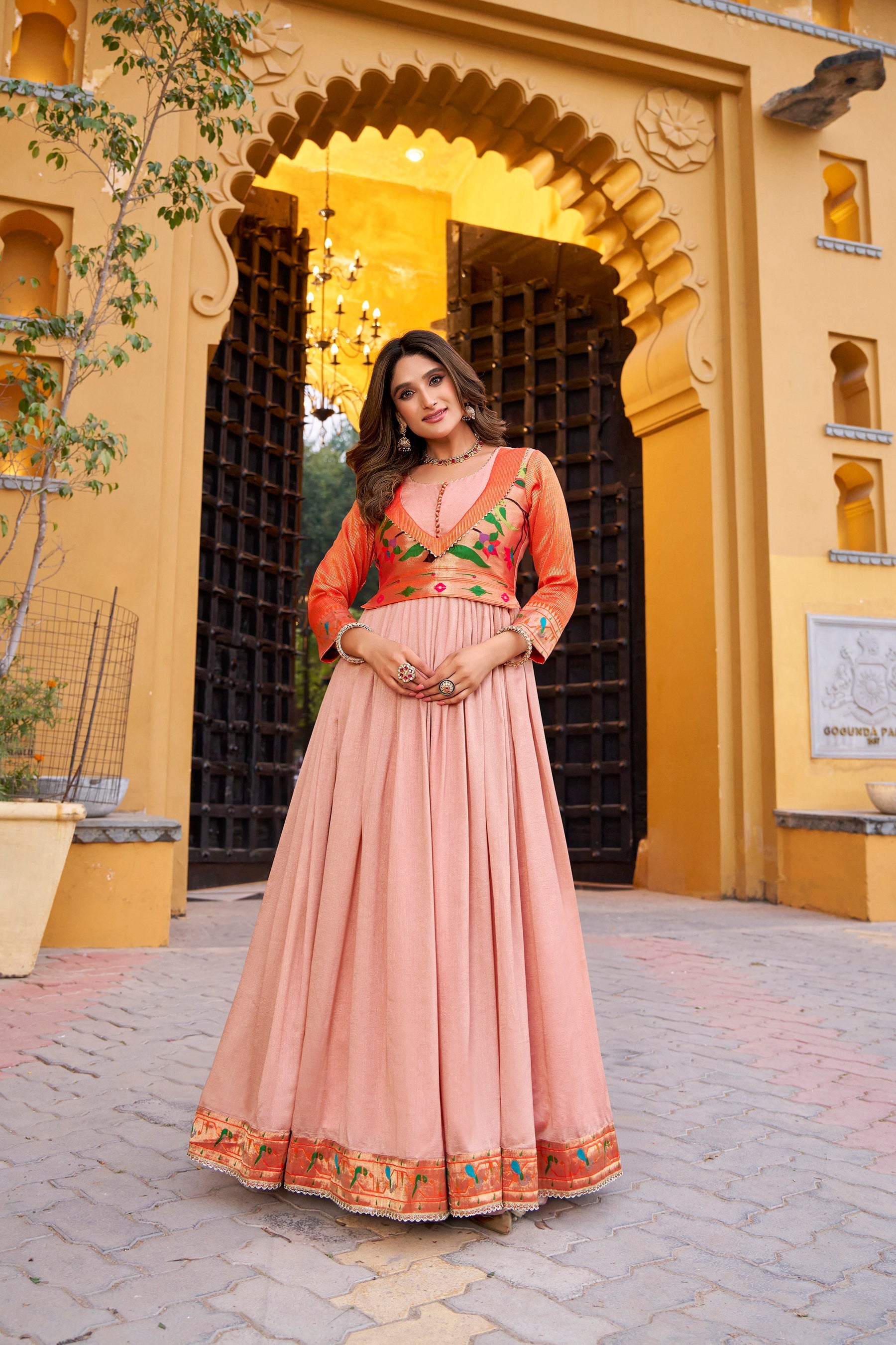 Lorenvalley Fashion Peach Vichitra Silk Zari Weaving Work With Lace Touch Up Long Dress | Grocsy
