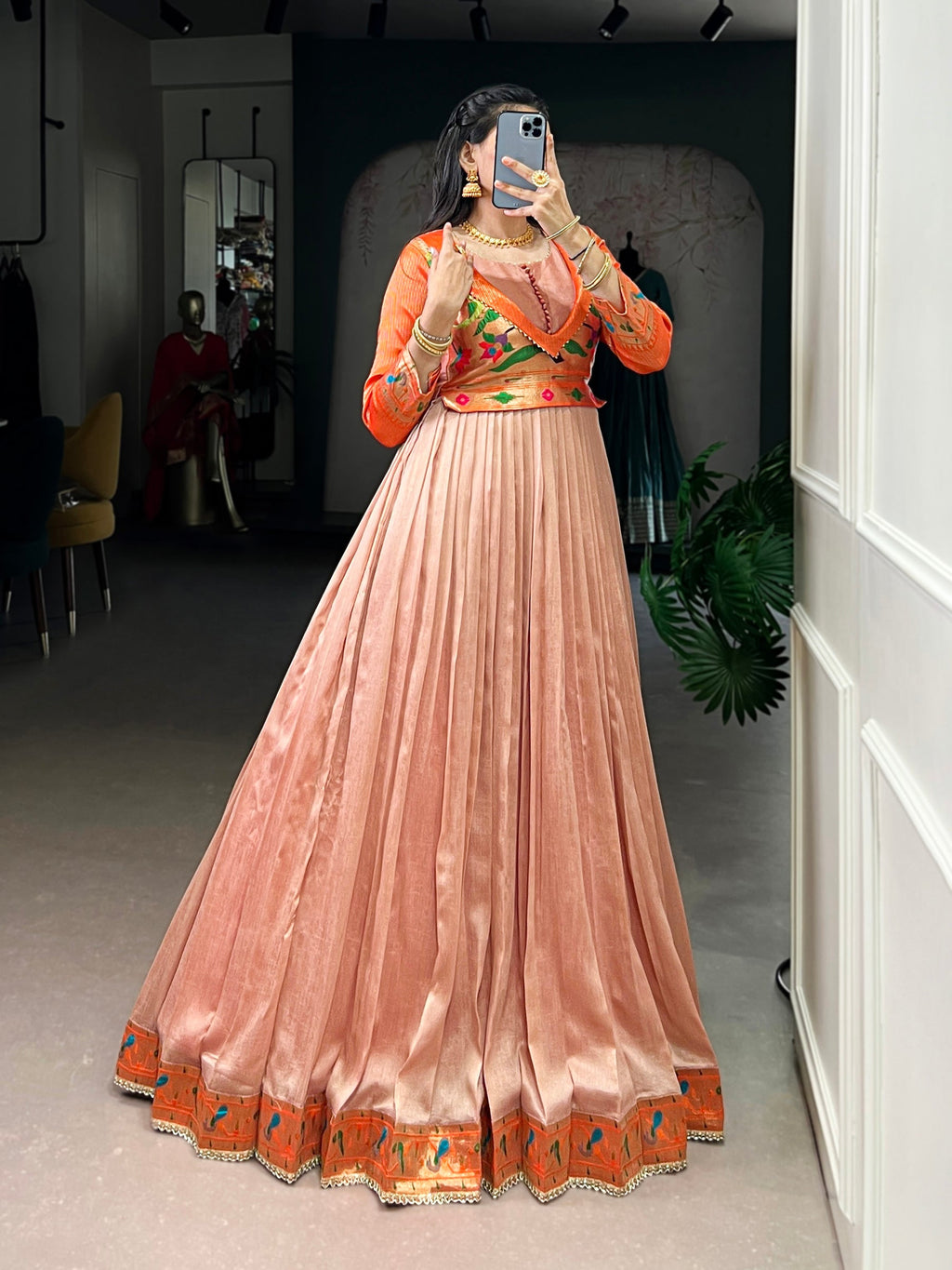 Lorenvalley Fashion Peach Vichitra Silk Zari Weaving Work With Lace Touch Up Gown | Grocsy