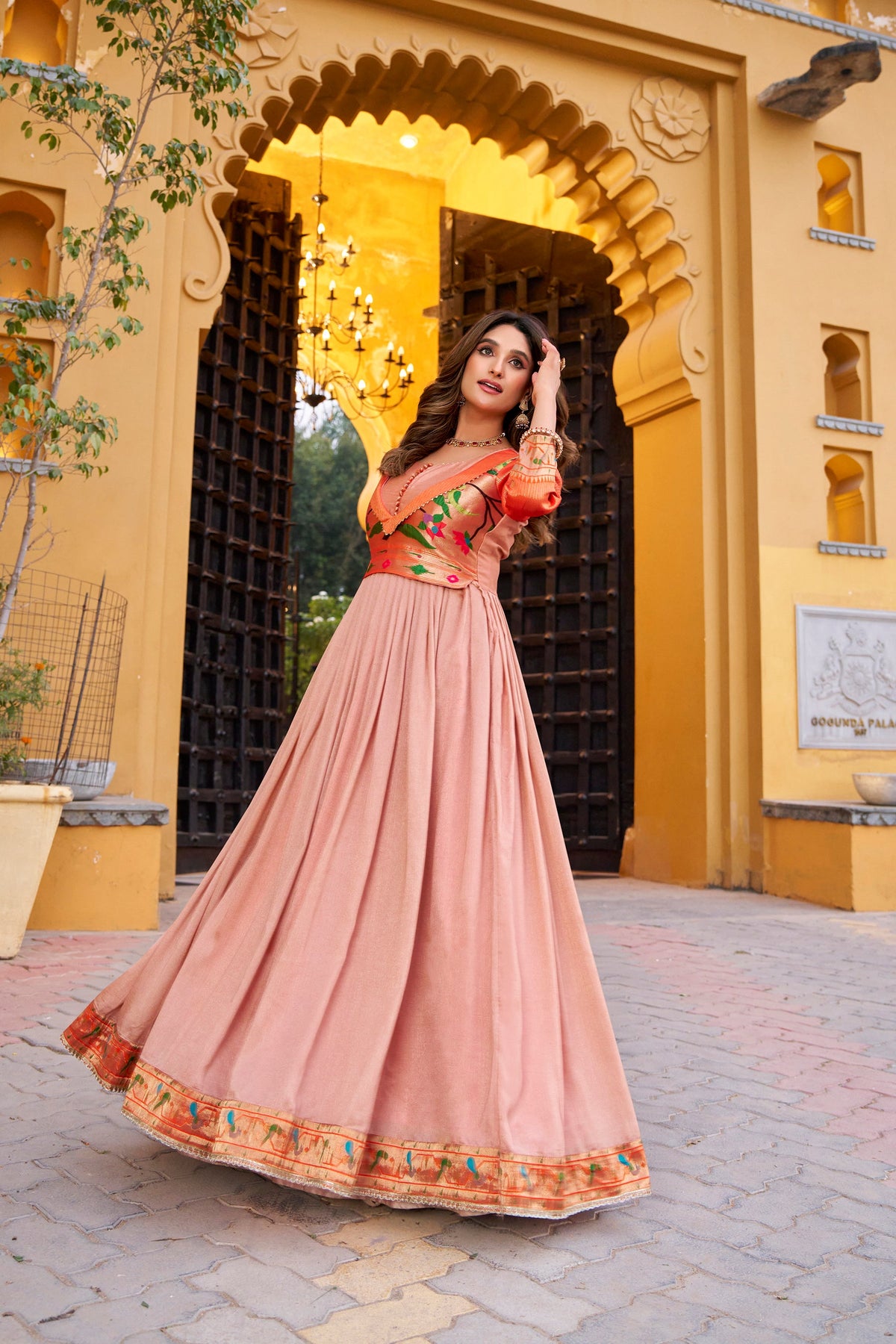 Lorenvalley Fashion Peach Vichitra Silk Zari Weaving Work With Lace Touch Up Long Dress | Grocsy
