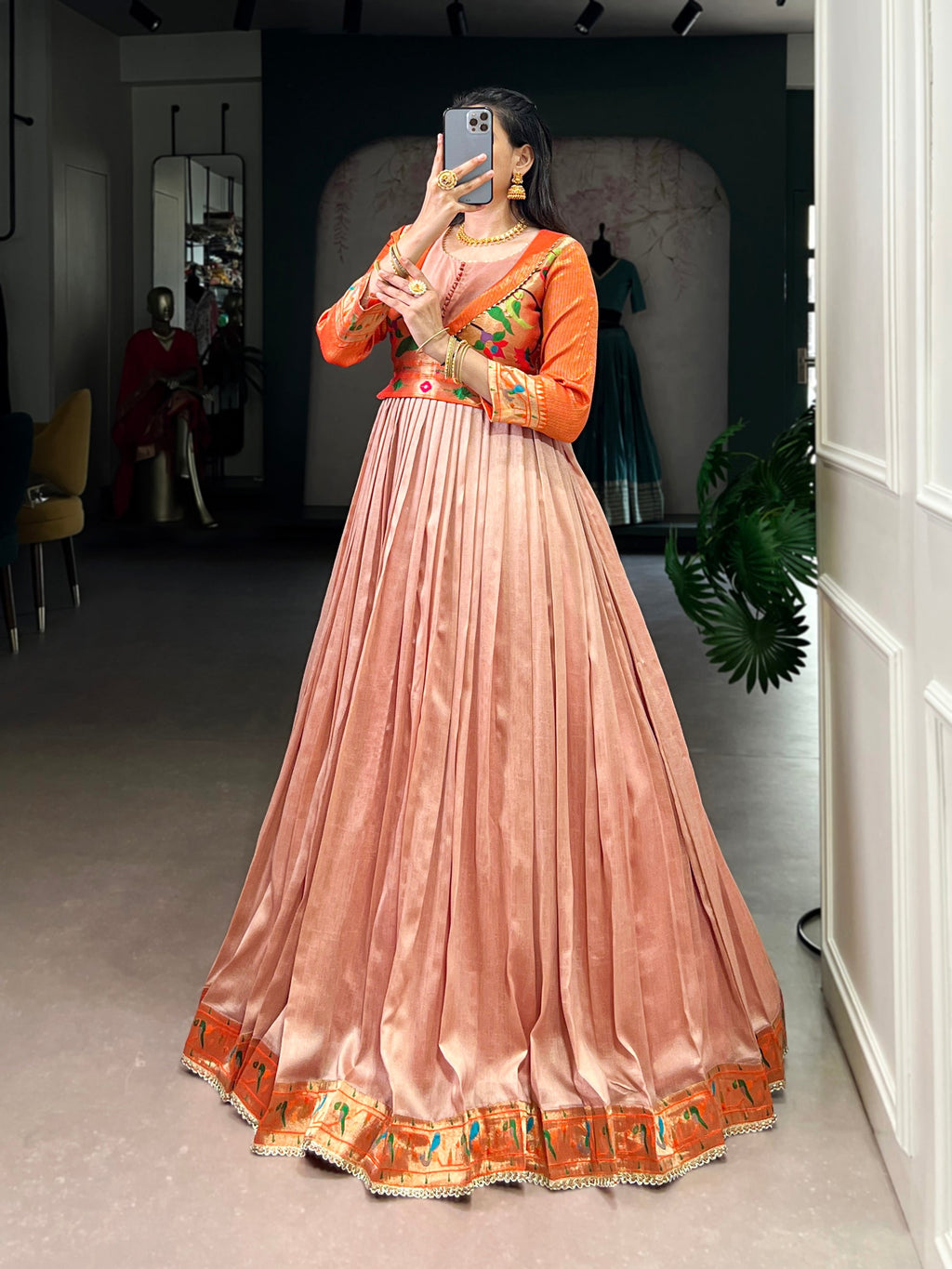 Lorenvalley Fashion Peach Vichitra Silk Zari Weaving Work With Lace Touch Up Gown | Grocsy