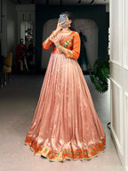 Lorenvalley Fashion Peach Vichitra Silk Zari Weaving Work With Lace Touch Up Gown | Grocsy