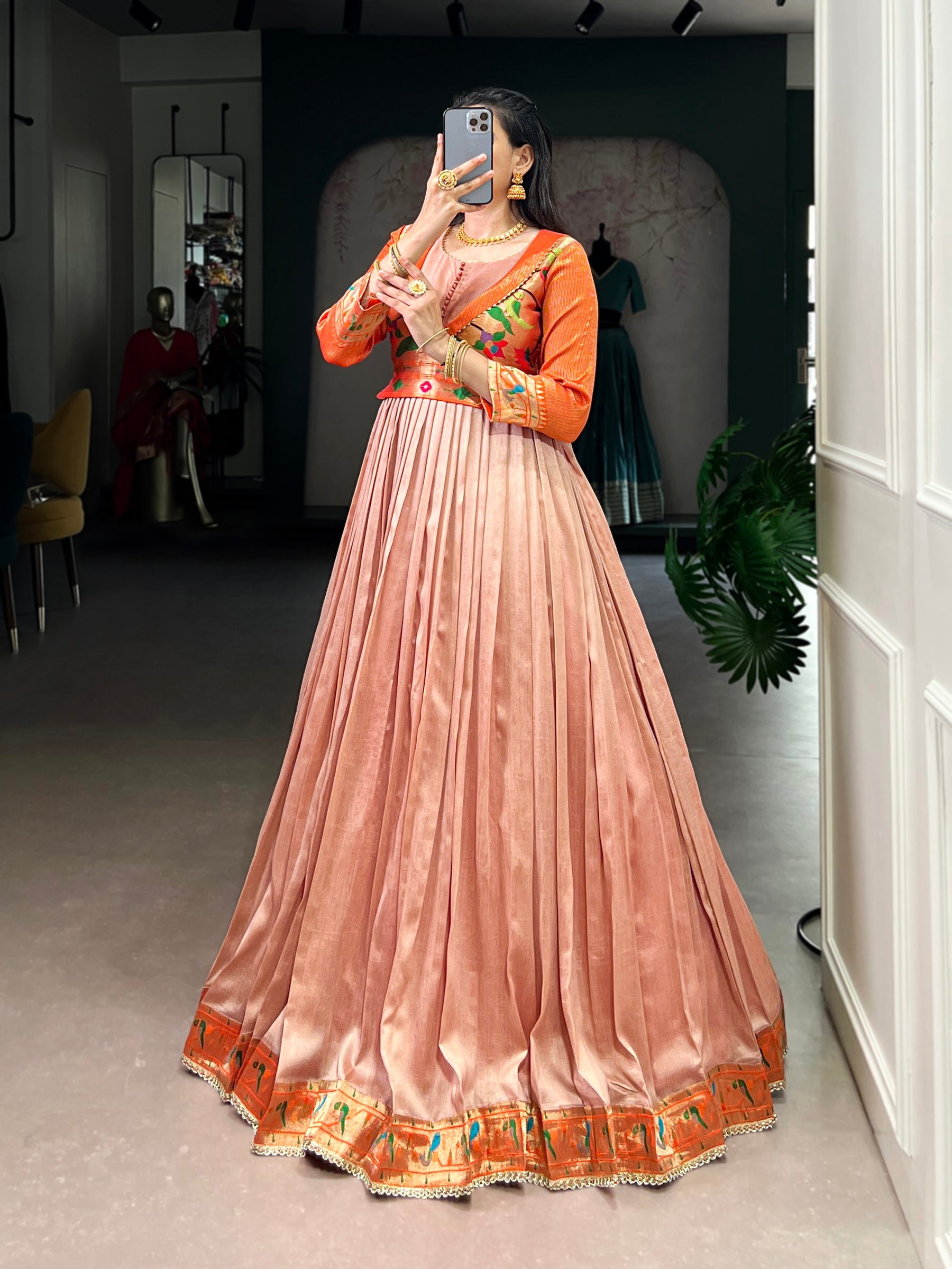 Lorenvalley Fashion Peach Vichitra Silk Zari Weaving Work With Lace Touch Up Gown | Grocsy
