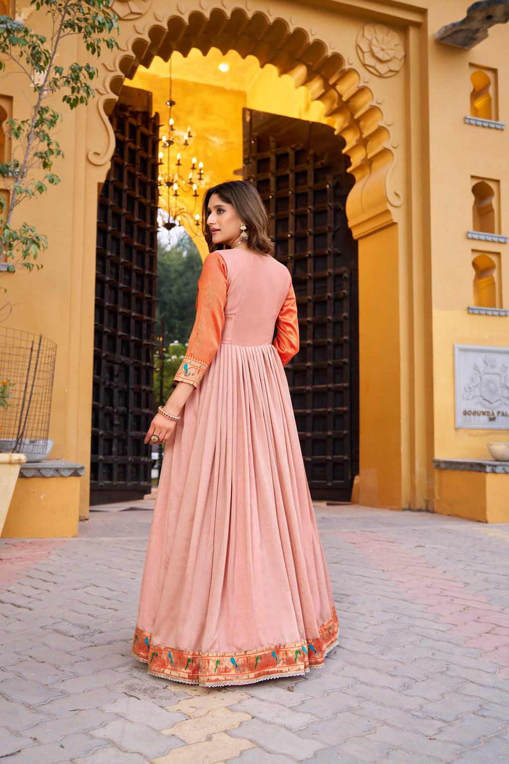 Lorenvalley Fashion Peach Vichitra Silk Zari Weaving Work With Lace Touch Up Long Dress | Grocsy