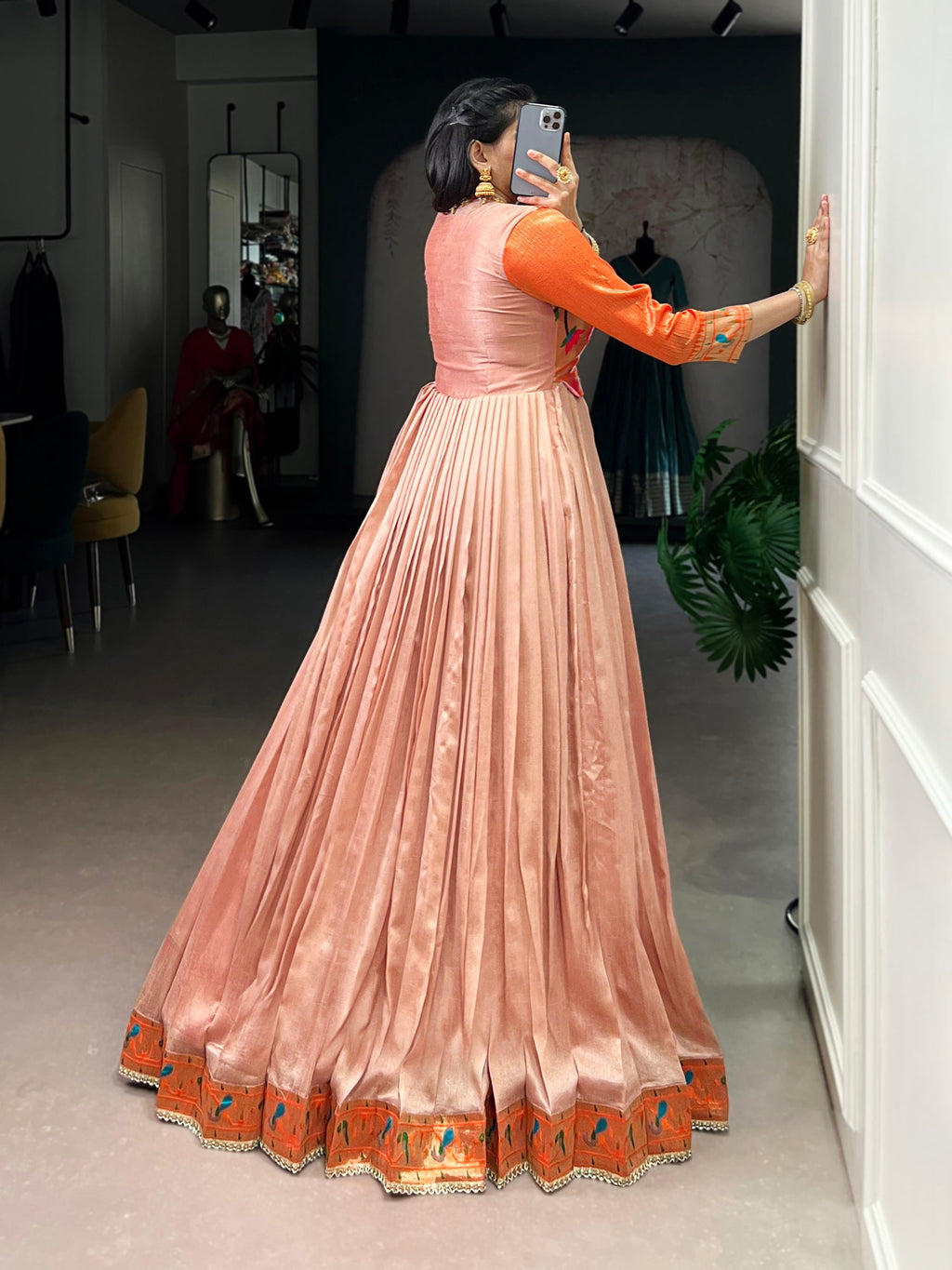 Lorenvalley Fashion Peach Vichitra Silk Zari Weaving Work With Lace Touch Up Gown | Grocsy