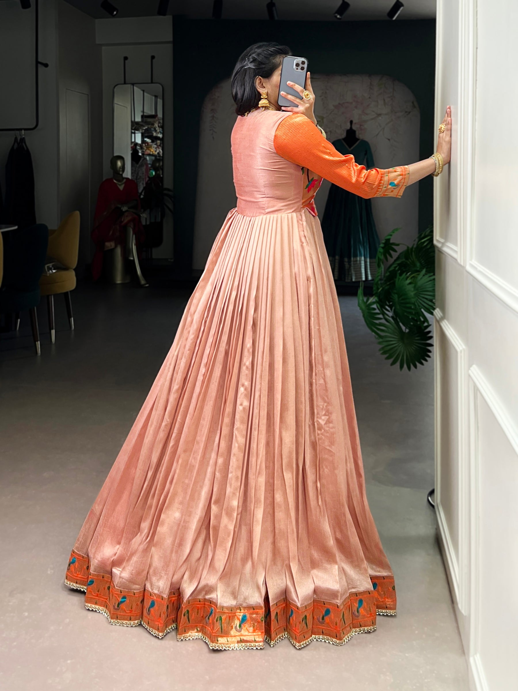 Lorenvalley Fashion Peach Vichitra Silk Zari Weaving Work With Lace Touch Up Gown | Grocsy