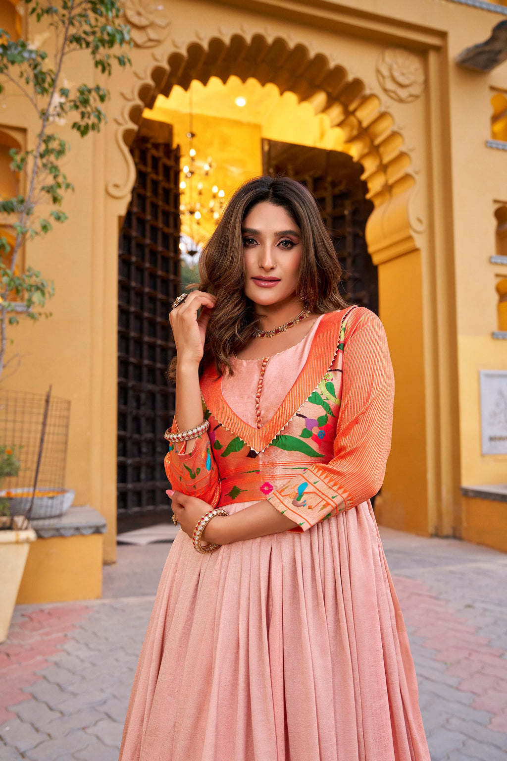 Lorenvalley Fashion Peach Vichitra Silk Zari Weaving Work With Lace Touch Up Long Dress | Grocsy