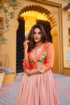 Lorenvalley Fashion Peach Vichitra Silk Zari Weaving Work With Lace Touch Up Long Dress | Grocsy