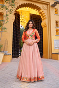 Lorenvalley Fashion Peach Vichitra Silk Zari Weaving Work With Lace Touch Up Long Dress | Grocsy