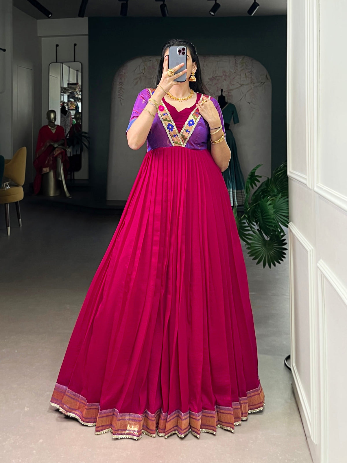 Lorenvalley Fashion Rani Pink Vichitra Silk Zari Weaving Work With Lace Touch Up Gown | Grocsy