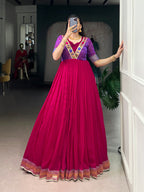Lorenvalley Fashion Rani Pink Vichitra Silk Zari Weaving Work With Lace Touch Up Gown | Grocsy
