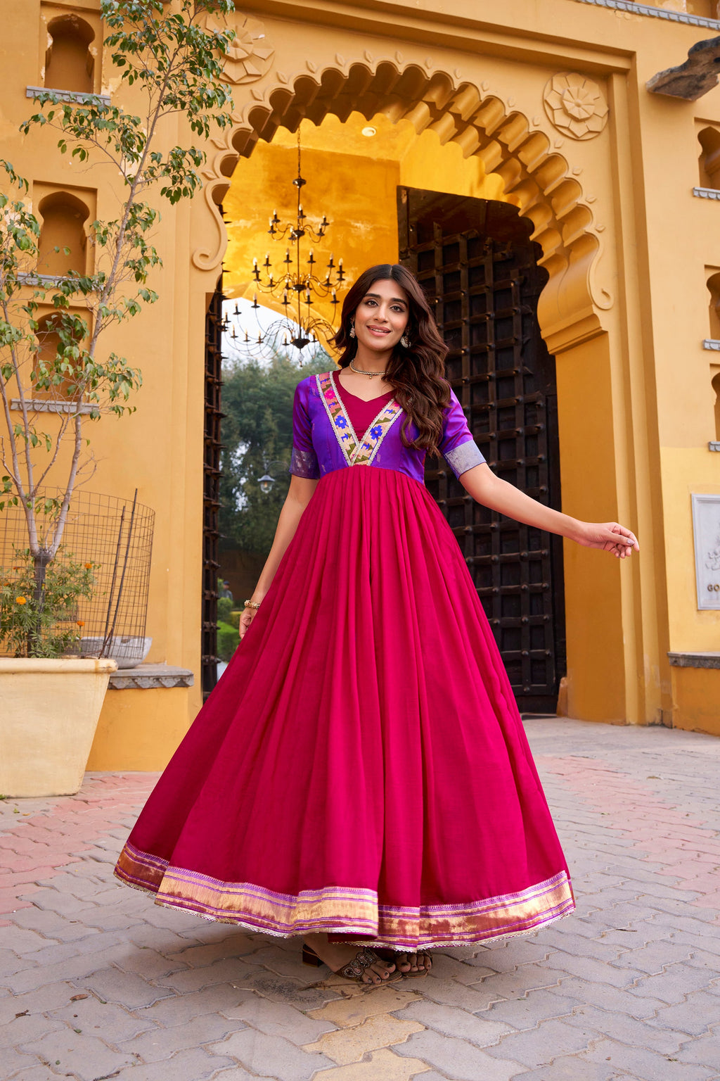 Lorenvalley Fashion Pink Vichitra Silk Zari Weaving Work With Lace Touch Up Long Dress | Grocsy