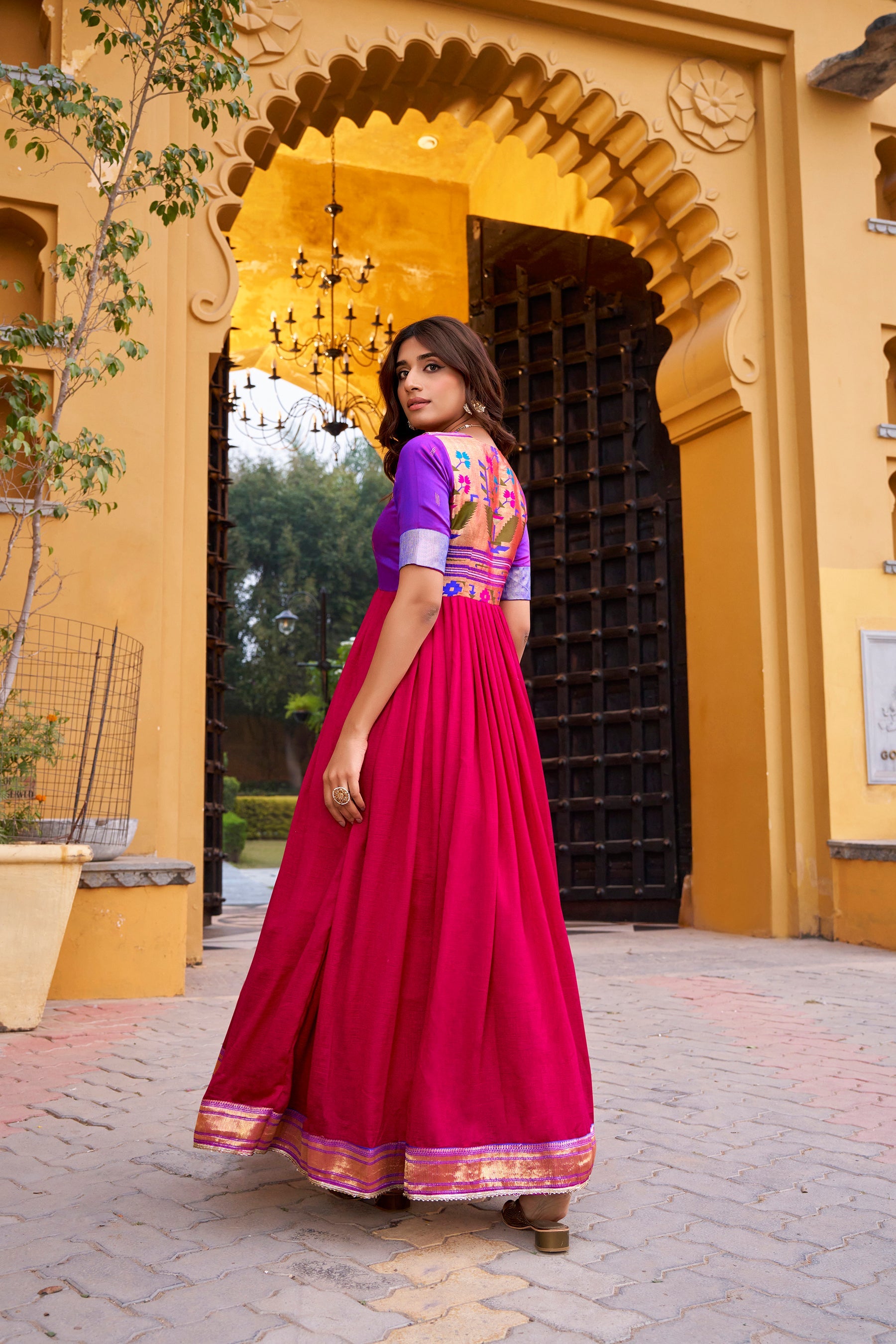Lorenvalley Fashion Pink Vichitra Silk Zari Weaving Work With Lace Touch Up Long Dress | Grocsy