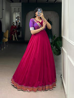 Lorenvalley Fashion Rani Pink Vichitra Silk Zari Weaving Work With Lace Touch Up Gown | Grocsy