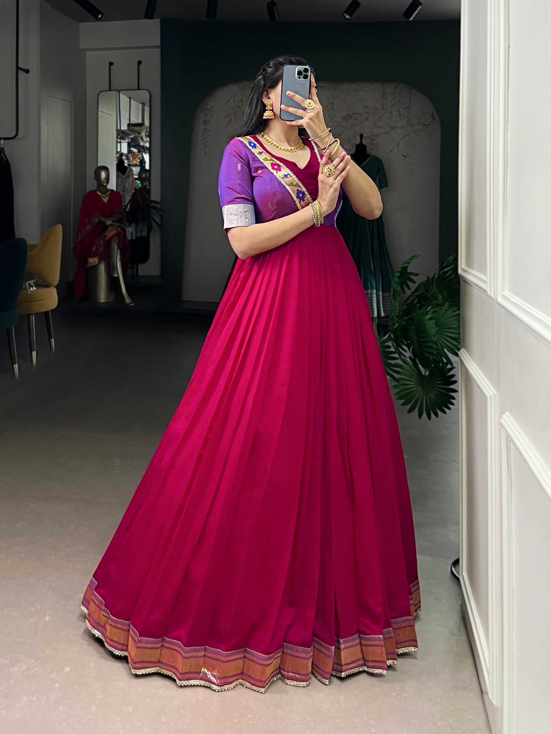 Lorenvalley Fashion Rani Pink Vichitra Silk Zari Weaving Work With Lace Touch Up Gown | Grocsy