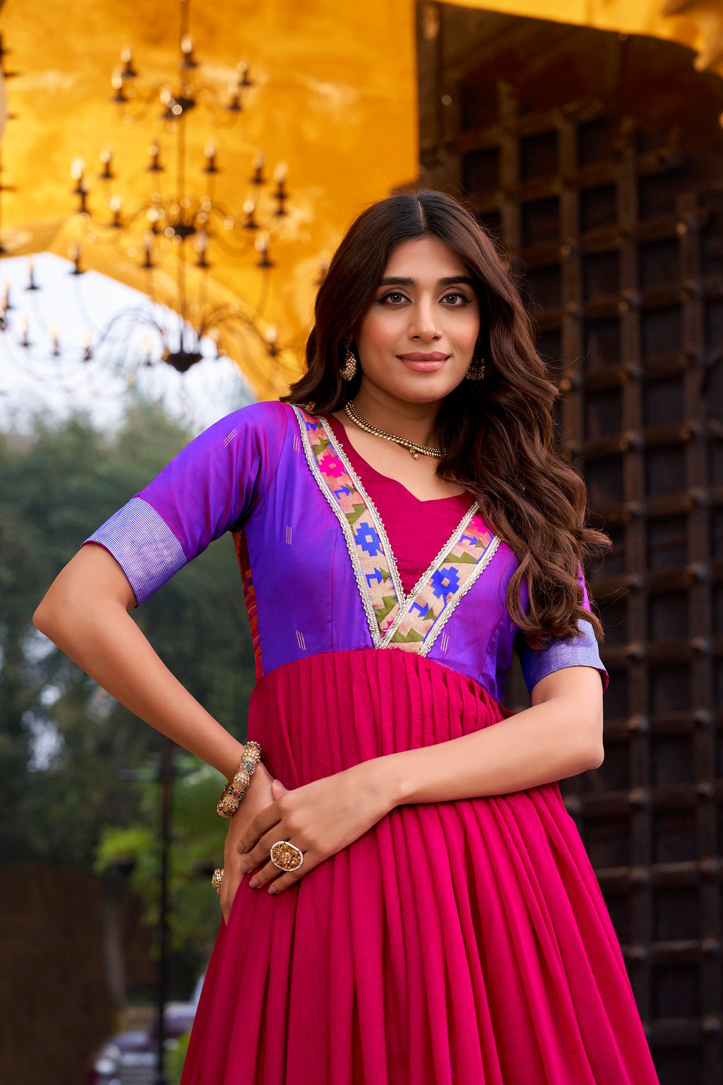 Lorenvalley Fashion Pink Vichitra Silk Zari Weaving Work With Lace Touch Up Long Dress | Grocsy