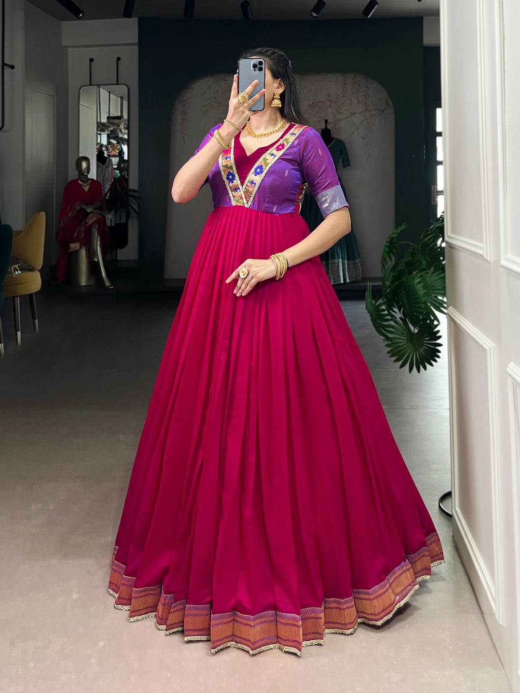 Lorenvalley Fashion Rani Pink Vichitra Silk Zari Weaving Work With Lace Touch Up Gown | Grocsy