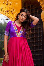 Lorenvalley Fashion Pink Vichitra Silk Zari Weaving Work With Lace Touch Up Long Dress | Grocsy
