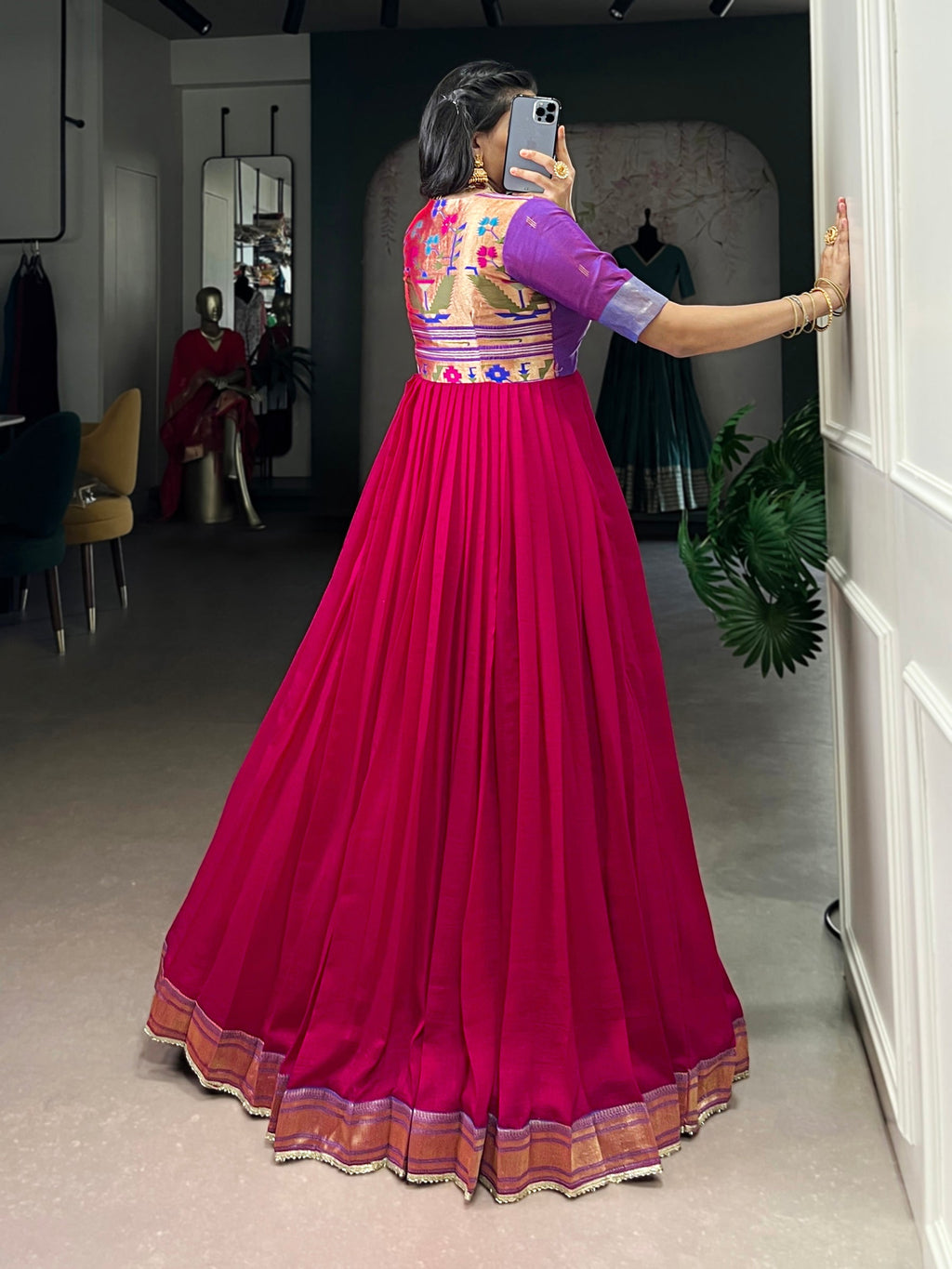 Lorenvalley Fashion Rani Pink Vichitra Silk Zari Weaving Work With Lace Touch Up Gown | Grocsy