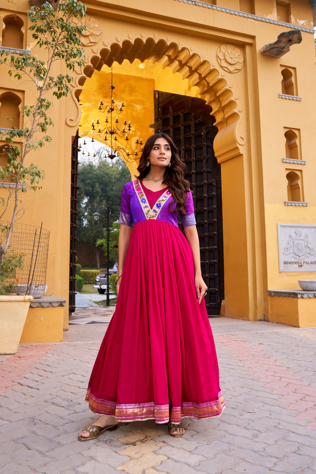 Lorenvalley Fashion Pink Vichitra Silk Zari Weaving Work With Lace Touch Up Long Dress | Grocsy