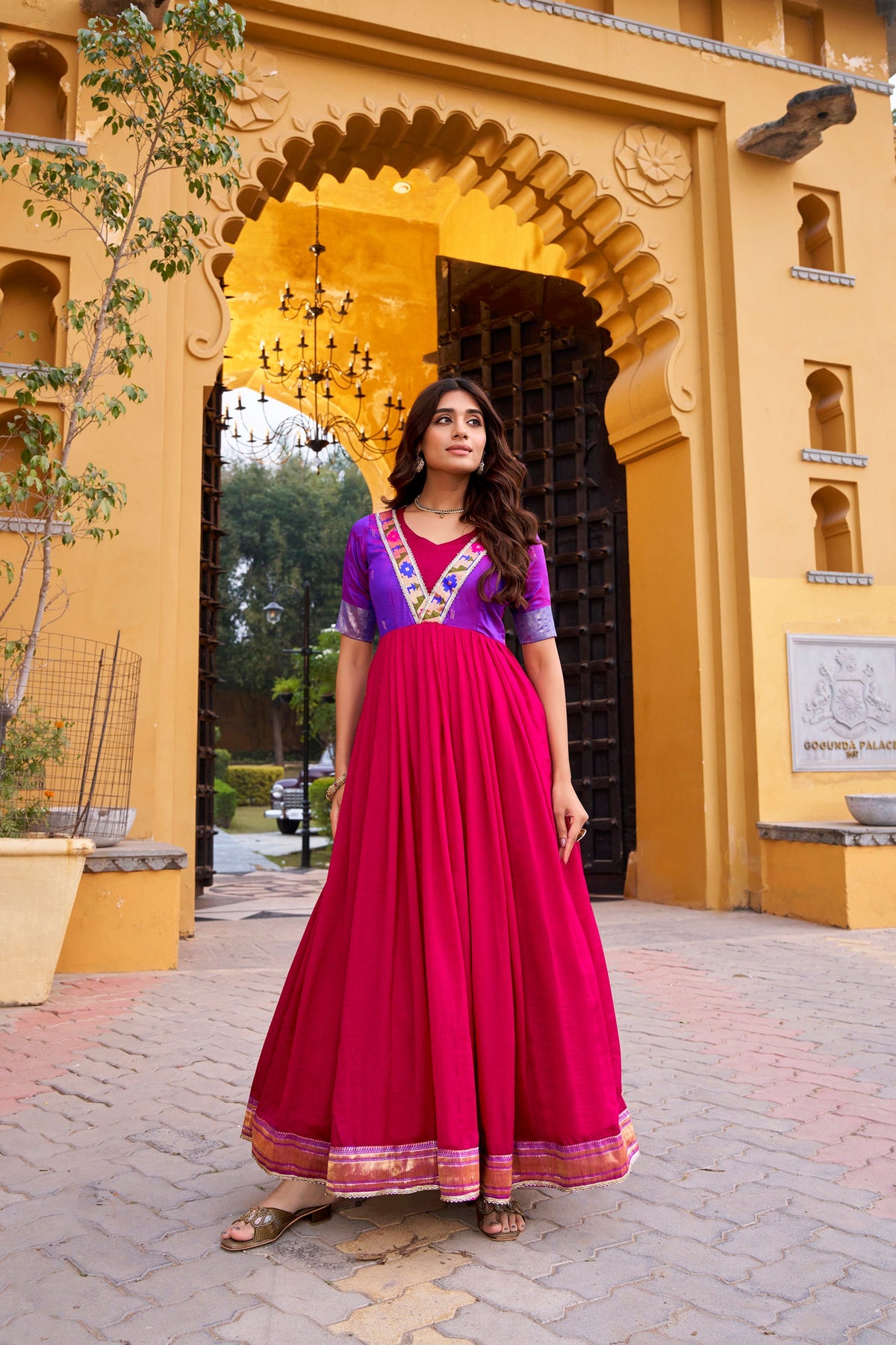 Lorenvalley Fashion Pink Vichitra Silk Zari Weaving Work With Lace Touch Up Long Dress | Grocsy