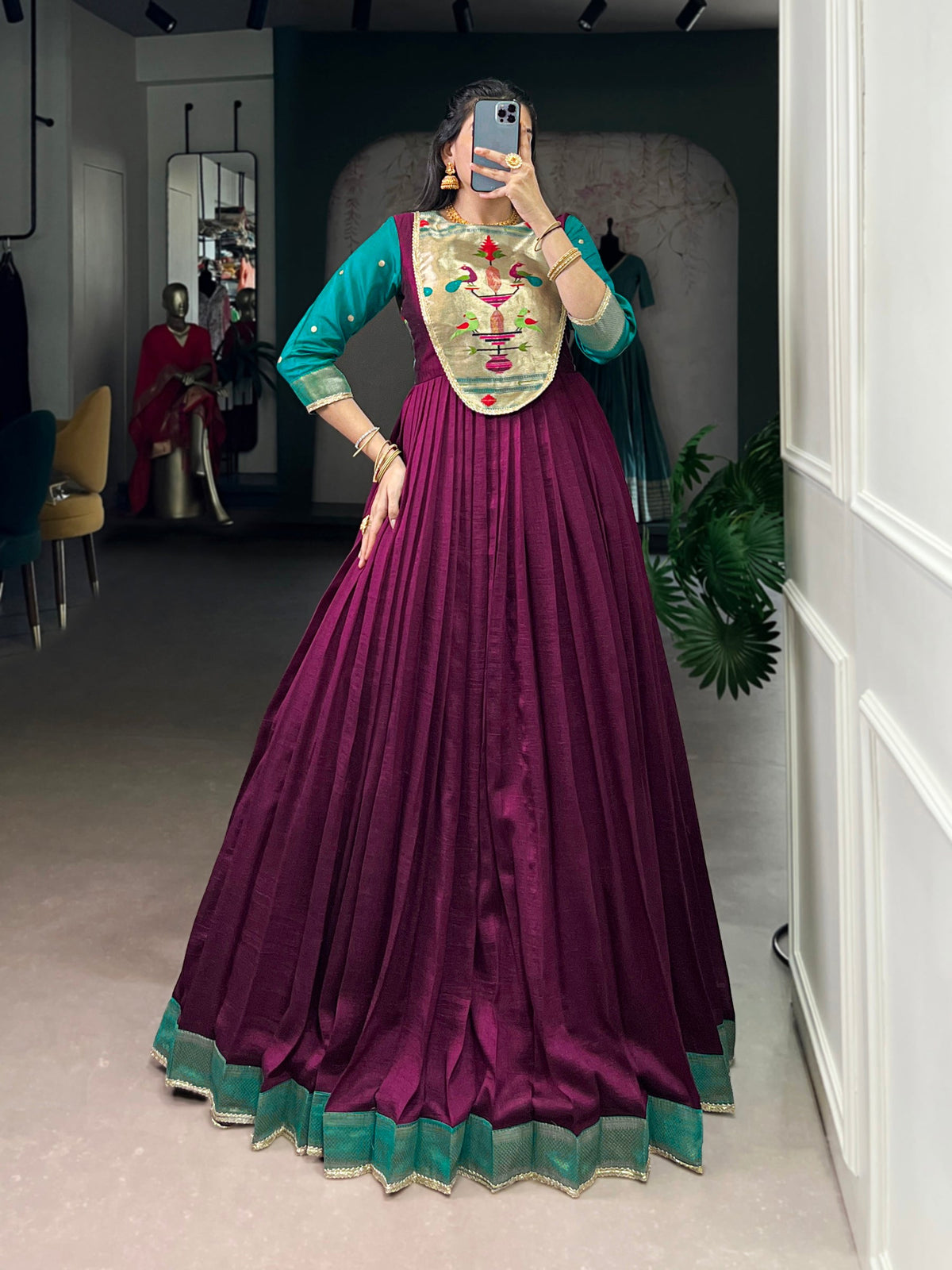 Lorenvalley Fashion Wine Vichitra Silk Zari Weaving Work With Lace Touch Up Gown | Grocsy