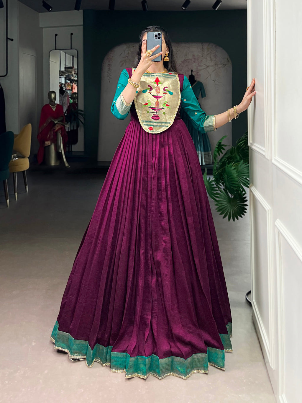 Lorenvalley Fashion Wine Vichitra Silk Zari Weaving Work With Lace Touch Up Gown | Grocsy