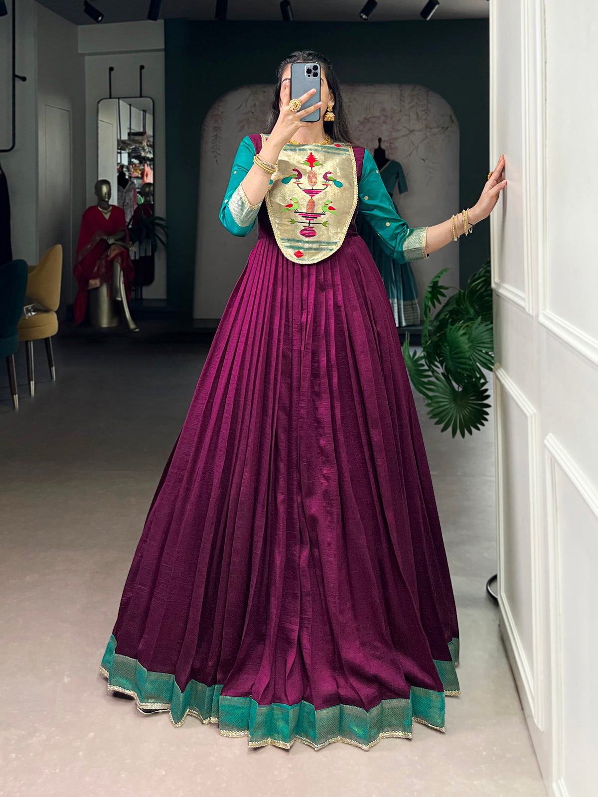 Lorenvalley Fashion Wine Vichitra Silk Zari Weaving Work With Lace Touch Up Gown | Grocsy