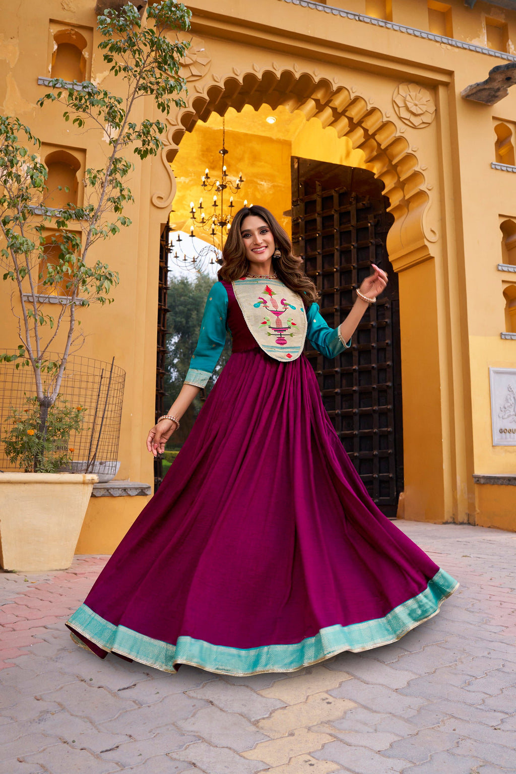 Lorenvalley Fashion Wine Vichitra Silk Zari Weaving Work With Lace Touch Up Long Dress | Grocsy