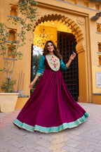 Lorenvalley Fashion Wine Vichitra Silk Zari Weaving Work With Lace Touch Up Long Dress | Grocsy