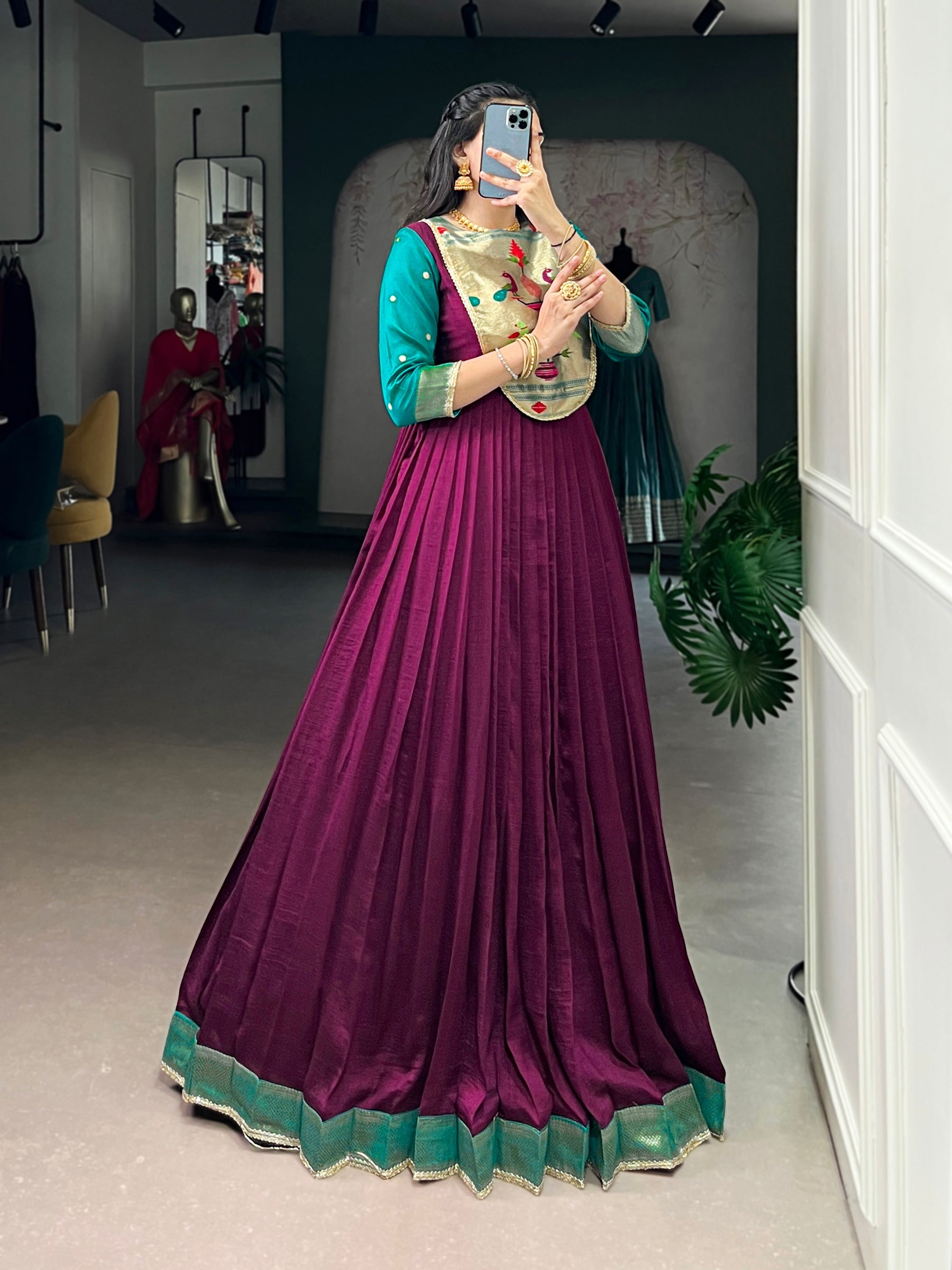 Lorenvalley Fashion Wine Vichitra Silk Zari Weaving Work With Lace Touch Up Gown | Grocsy