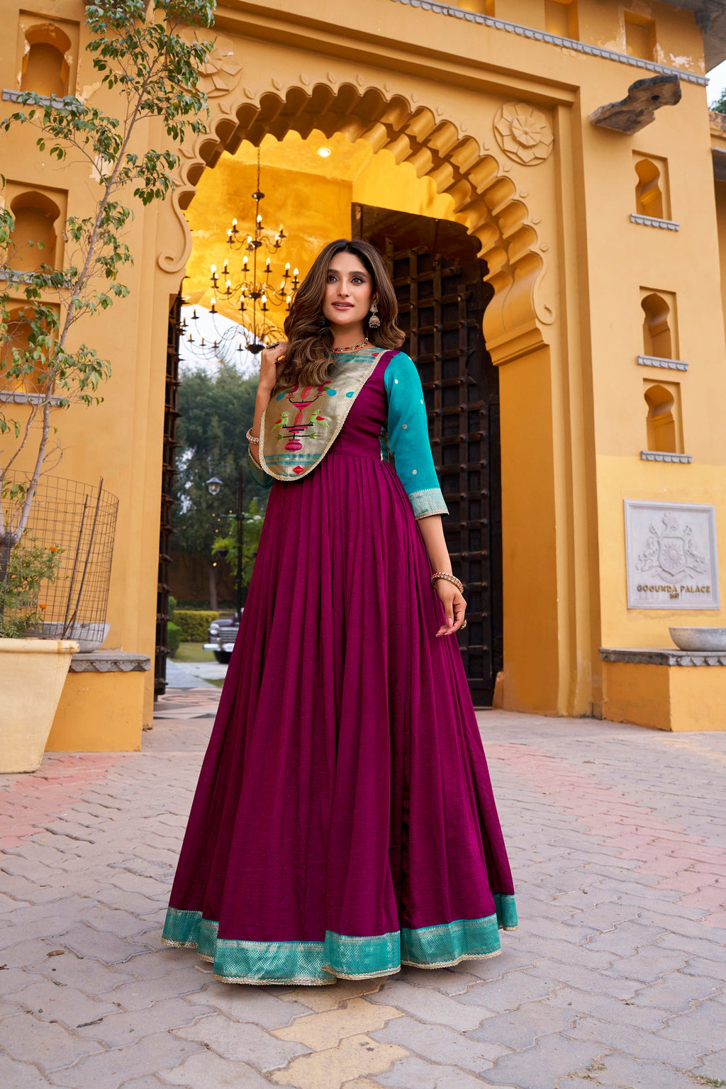 Lorenvalley Fashion Wine Vichitra Silk Zari Weaving Work With Lace Touch Up Long Dress | Grocsy