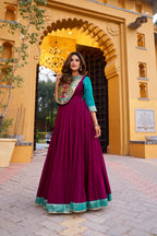 Lorenvalley Fashion Wine Vichitra Silk Zari Weaving Work With Lace Touch Up Long Dress | Grocsy