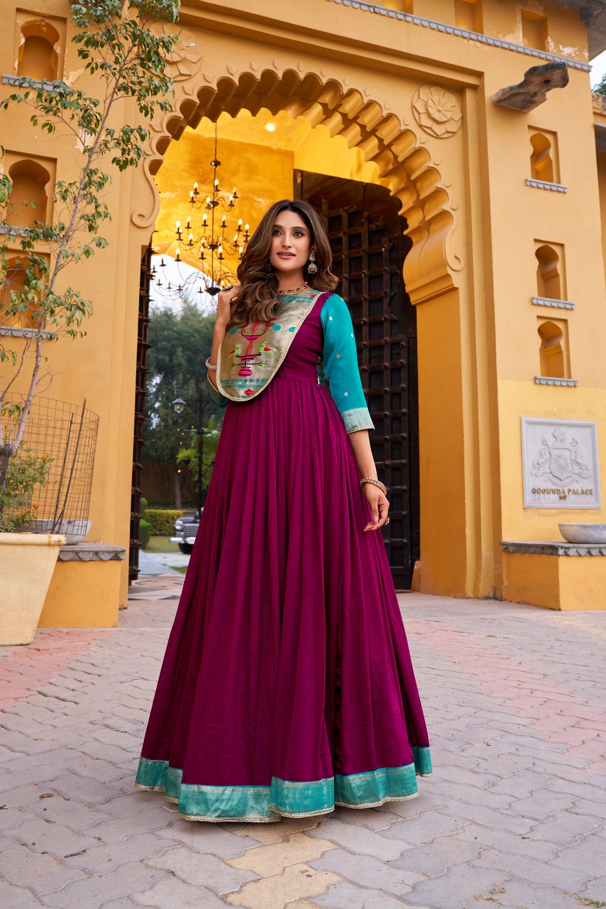 Lorenvalley Fashion Wine Vichitra Silk Zari Weaving Work With Lace Touch Up Long Dress | Grocsy