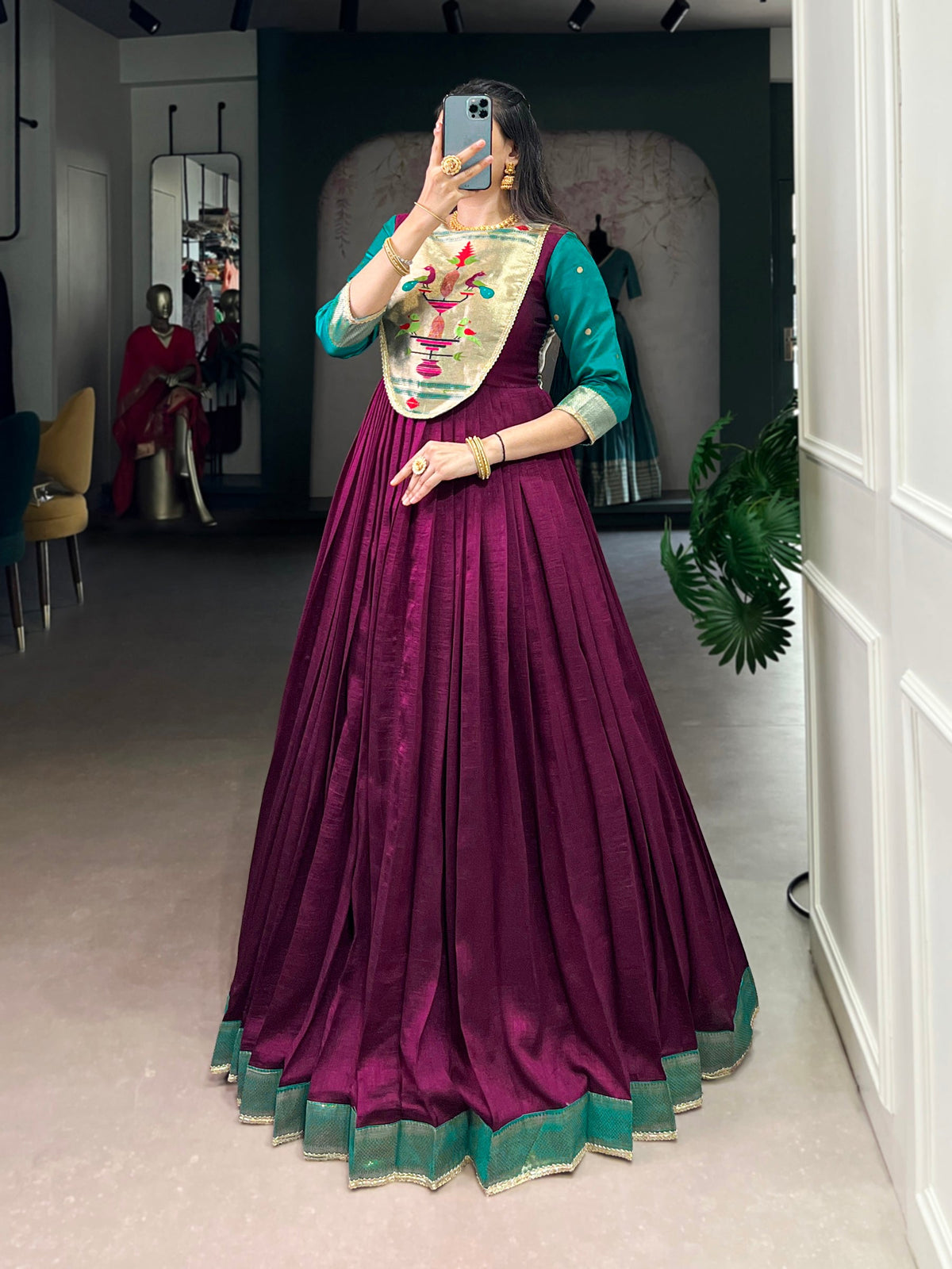 Lorenvalley Fashion Wine Vichitra Silk Zari Weaving Work With Lace Touch Up Gown | Grocsy