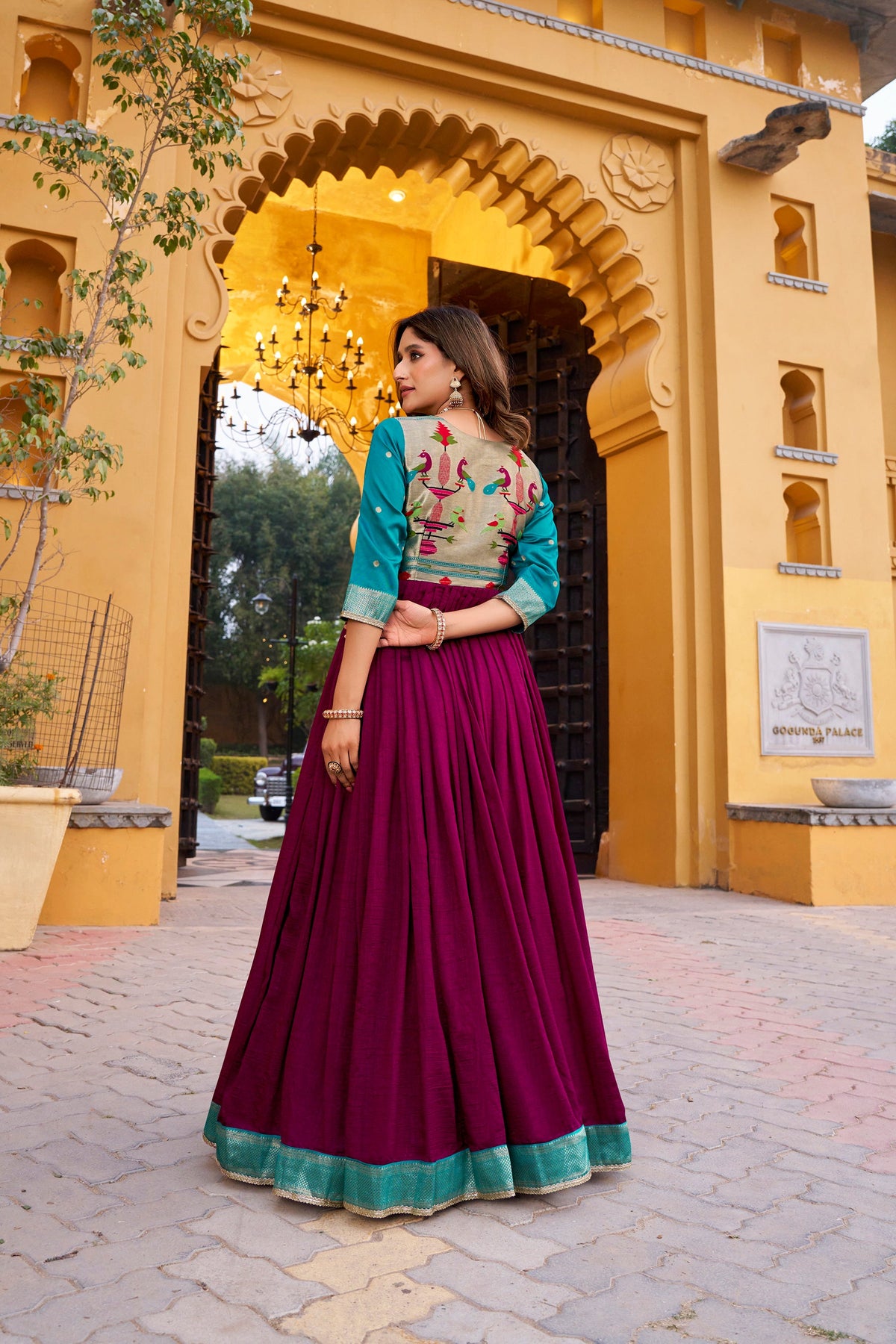 Lorenvalley Fashion Wine Vichitra Silk Zari Weaving Work With Lace Touch Up Long Dress | Grocsy