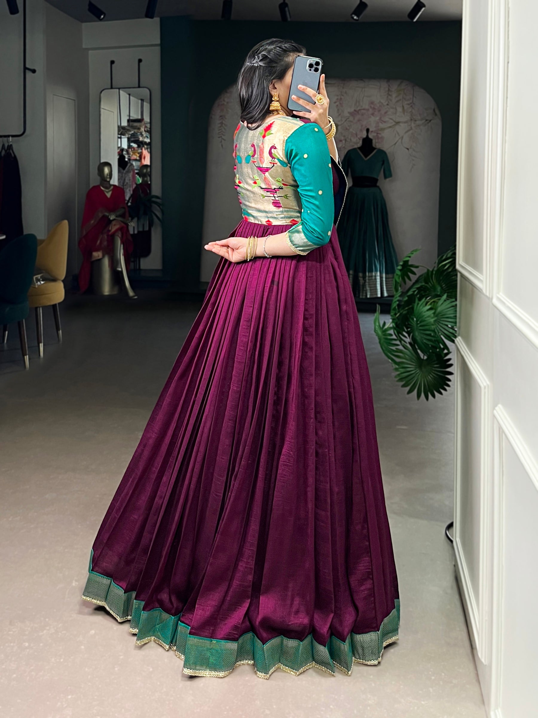 Lorenvalley Fashion Wine Vichitra Silk Zari Weaving Work With Lace Touch Up Gown | Grocsy