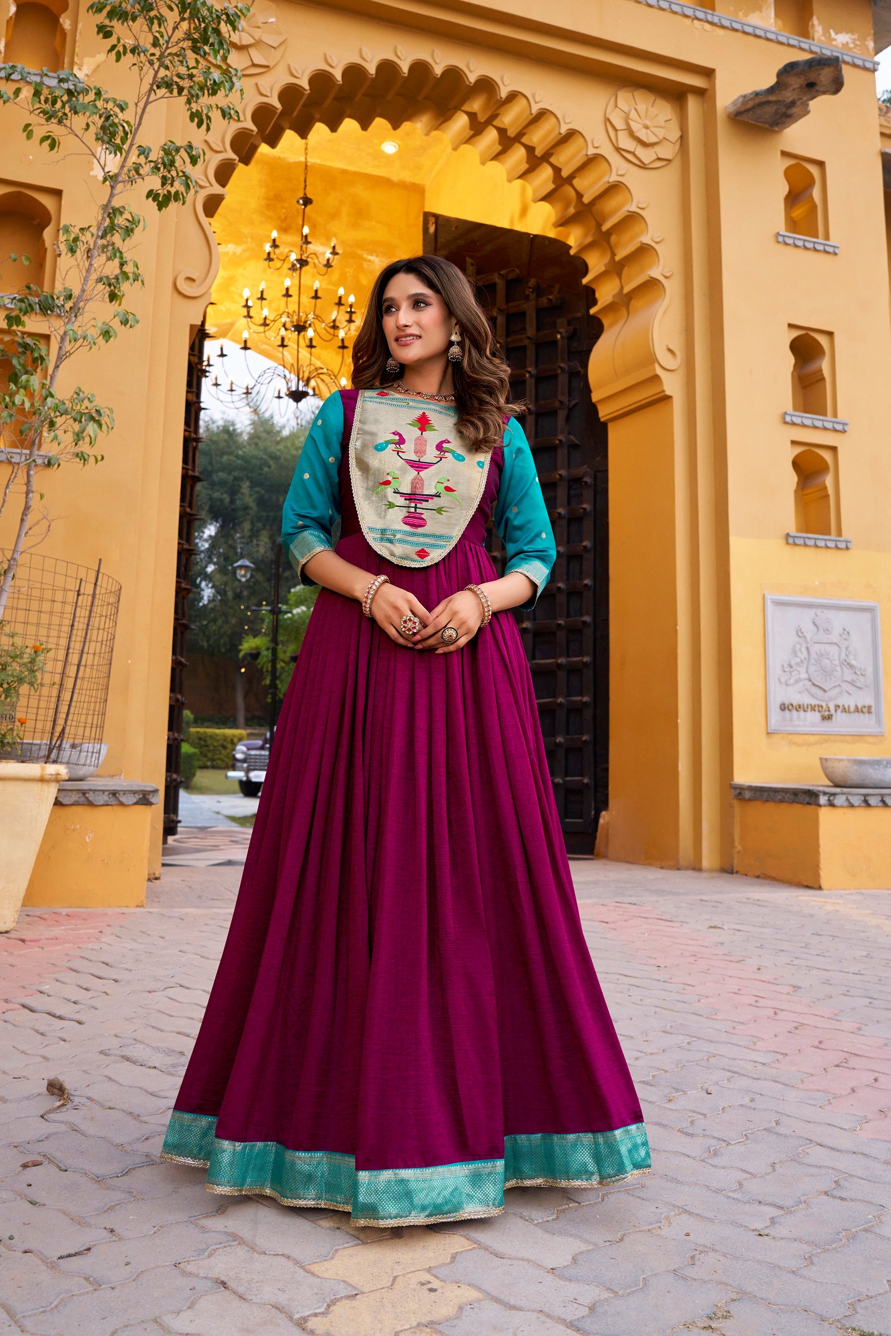 Lorenvalley Fashion Wine Vichitra Silk Zari Weaving Work With Lace Touch Up Long Dress | Grocsy
