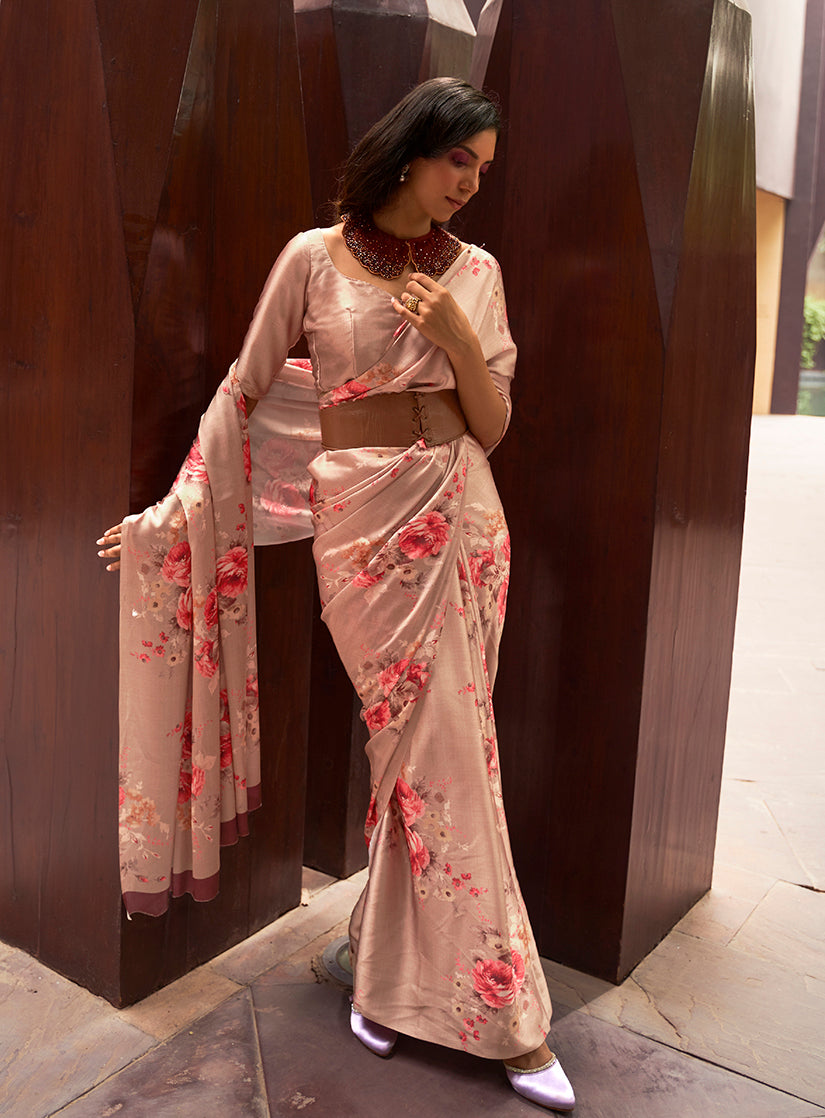 Monjolika Fashion Crepe Satin Digital Print Beige Trendy Saree | Grocsy