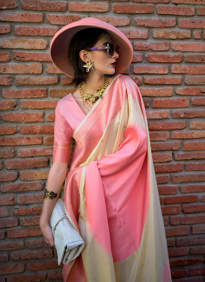Monjolika Fashion Cream And Pink Weaving Silk Party Classic Saree | Grocsy