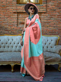 Monjolika Fashion Aqua Blue And Peach Handloom Weaving Silk Contemporary Saree | Grocsy